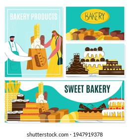 Bakery banner set, vector illustration. Baker man give pastry product to woman flat people. Food element from flour dough concept design