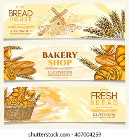 Bakery banner, bakery shop, bakery basket, fresh bread, hand drawn vector illustration 