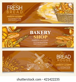 Bakery banner, bakery shop, bakery basket, fresh bread rolls and loaves 