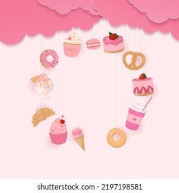 Bakery banner. Sweet dessert in round shape with pink cloud, Paper art style.