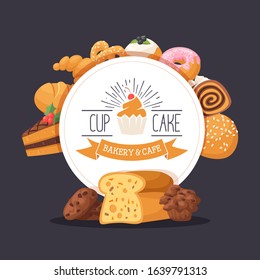 Bakery banner template, pastry shop menu cover, dessert cafe with freshly baked cakes vector illustration. Bakehouse icon, cupcake store emblem, bakeshop advertisement campaign typographic poster