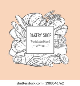 Bakery banner template with rye and wheat bread, croissant, whole grain bread, bagel, french baguette for design menu bakery shop.