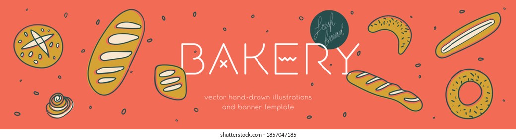 Bakery banner template with vector hand-drawn icons of bread in warm ochre tints. Fresh bread for Bakehouse emblem with color illustrations of breadstick, baguette, bagel for label, packaging design.