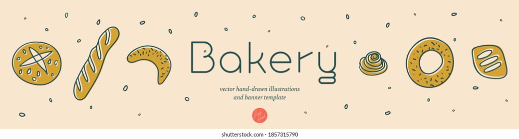 Bäckerei Banner Vorlage mit Vektorgrafik handgezeichnet Symbole von Brot in warmen Ockerfarben. Frisches Brot für das Bakehouse-Emblem mit farbigen Illustrationen von Butterstock, Baguette, Bagel für Etiketten, Verpackungsdesign.
