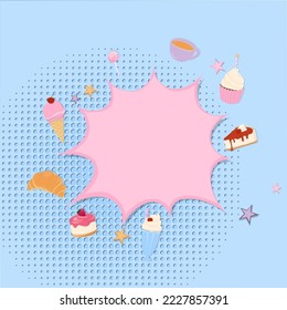 Bakery banner. Text box with a dessert and drinks. Paper art style and space for copy text.