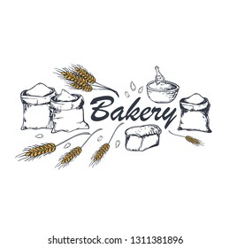 Bakery banner with wheats. Linear graphic. Bread banner collection. Bread house. Vector illustration