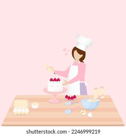 Bakery banner. Women decorate a cake on the table with ingredient.