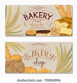 Bakery banners with bread, pastries and cereals. Isolated elements. Hand drawn vector illustration in watercolor style