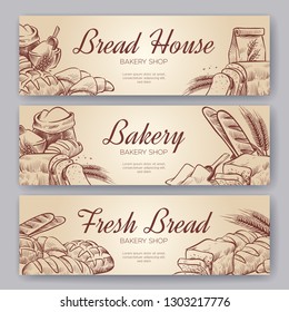 Bäckereibanner. Bagel Brot Brotbackerei Handgezeichnet Brötchen Gebäck Roggenbacken Pumpernickel kulinarische Vektorillustration Banner Set