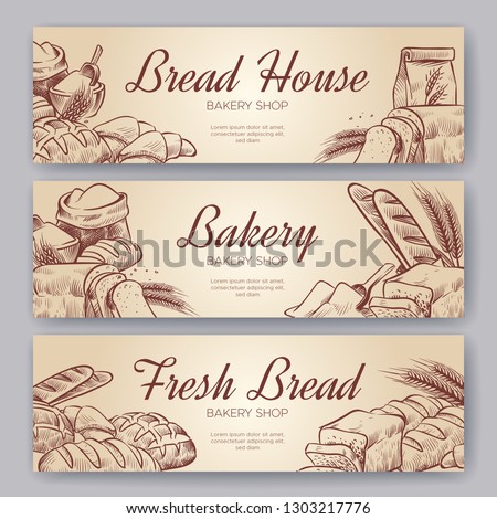Bakery banners. Hand drawn cooking bread bakery bagel breads pastry rye bake baking pumpernickel culinary vector banner set