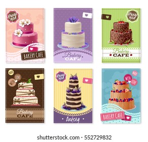 Bakery banners set with fruit and chocolate cakes cartoon isolated vector illustration 