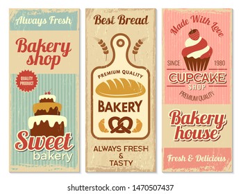 Bakery banners. Sweet cakes kitchen logotype for cooking projects vector restaurant menu template. Cake banner and bakery banner shop illustration