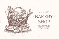 Bakery Basket food template. Bread sketch illustration. Vintage bread basket. Bakery shop. Vector illustration. 