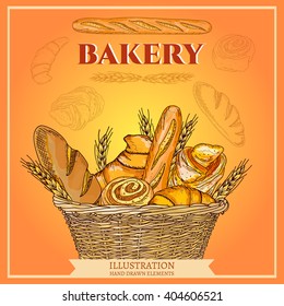 Bakery basket food template. Bread hand drawn sketch illustration 