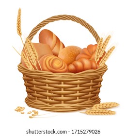 Bakery basket. Fresh sweet sliced bread kitchen lunch products in basket vector realistic illustrations