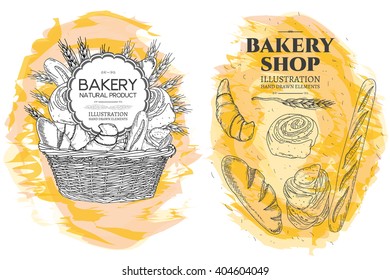 Bakery basket. Bakery shop. Food template hand drawn sketch illustration 