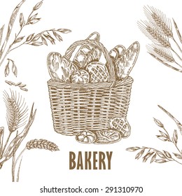 Bakery Basket Template. Hand drawn bread, oats and wheat illustration in sketch style