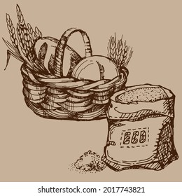 Bakery basket. Vintage Bakery card template. Hand drawn assortment of baked goods. Pen sketch converted to vectors.