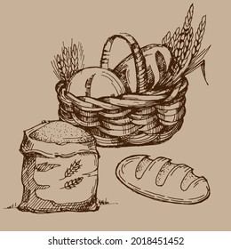 Bakery basket. Vintage Bakery card template. Hand drawn assortment of baked goods. Pen sketch converted to vectors.