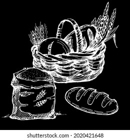 Bakery basket. Vintage Bakery card template. Hand drawn assortment of baked goods. Pen sketch converted to vectors.