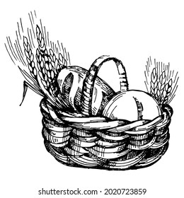 Bakery basket. Vintage Bakery card template. Hand drawn assortment of baked goods. Pen sketch converted to vectors.