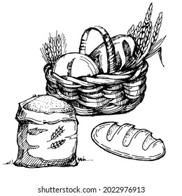 Bakery basket. Vintage Bakery card template. Hand drawn assortment of baked goods. Pen sketch converted to vectors.