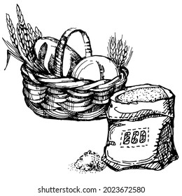 Bakery basket. Vintage Bakery card template. Hand drawn assortment of baked goods. Pen sketch converted to vectors.