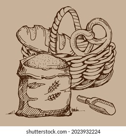 Bakery basket. Vintage Bakery card template. Hand drawn assortment of baked goods. Pen sketch converted to vectors.