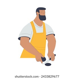Bäckerei mit Bärtiger Mann Baker Charakter in Uniform Cut Etwas mit Messer Vektor Illustration