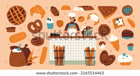 Bakery big icon set buns pies bread waffles muffins cakes flour and a baker in the center works vector illustration