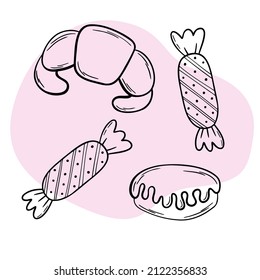 Bakery black doodle outline set with pastry. Cakes, donuts, buns, croissants and candies.