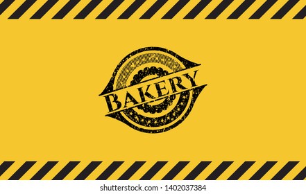Bakery black grunge emblem inside yellow warning sign. Vector Illustration. Detailed.