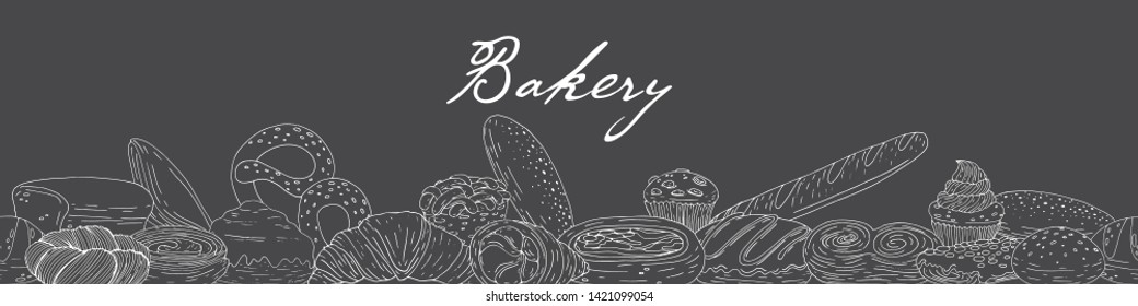 Bakery border with hand drawn elements on a chalkboard background. Vector icons in black and white sketch style. Hand drawn isolated objects