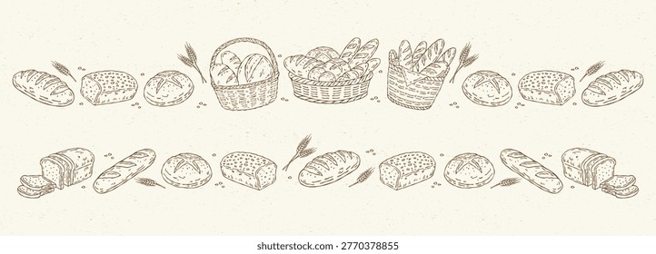 Bakery border set in line art doodle style featuring bread baskets with loaves, baguettes, sliced bread, seeded bread and wheat ears in monochrome outline vector