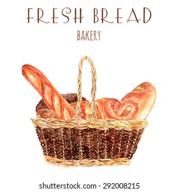 Bakery bread advertisement poster with vintage  basket full fresh wheat round loafs and baguette abstract vector illustration