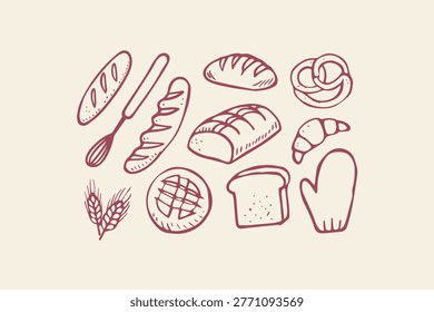 Bakery and bread assortment hand drawn icons with oven mitt food and drink baked goods croissant baguette illustration collection miscellaneous isolated ingredients appetite