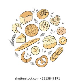Bakery, bread, baguette, croissant, bun, pie. Vector round composition. 