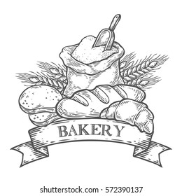 Bakery bread bake, wheat, ribbon, flour organic vector hand drawn template packaging food, label, banner, poster, branding. Stylish design with sketch illustration of bread. Local organic food shop