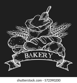 Bakery bread bake, wheat, ribbon, flour organic vector hand drawn template packaging food, label, banner, poster, branding. Stylish design with sketch illustration of bread. Local organic food shop