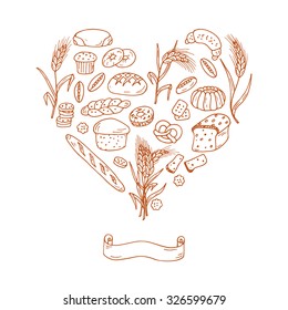 Bakery. Bread Baking Vector Set in Heart shaped. Hand drawn Doodles illustration