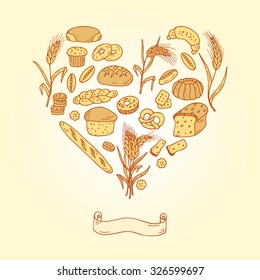Bakery. Bread Baking Vector Set in Heart shaped. Hand drawn Doodles illustration