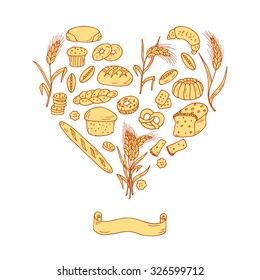 Bakery. Bread Baking Vector Set in Heart shaped. Hand drawn Doodles illustration