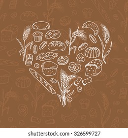 Bakery. Bread Baking Vector Set in Heart shaped. Hand drawn Doodles illustration