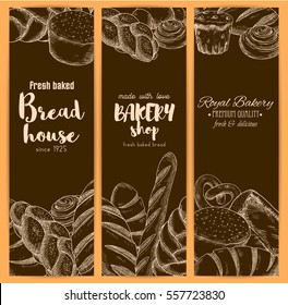 Bakery or bread banners of fresh baked pretzel, cinnamon roll, sesame roll bun and croissant, white wheat toast bread, rye loaf brick and bagel with braided bread