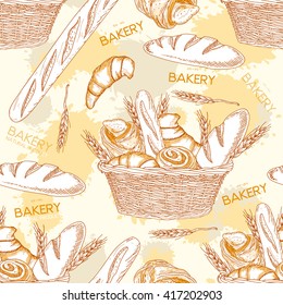Bakery bread in a basket seamless pattern 