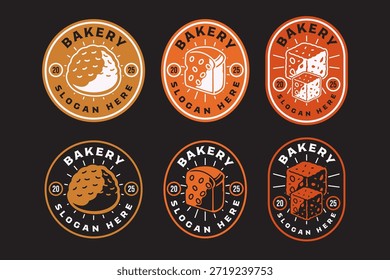 Bollo de pan de panadería, pan de pan en rodajas, postres de pastel de cubo diseño de logotipo de insignia rústica retro para restaurante, cafeterías, pastelería, culinaria, pastelería, panadería, productos horneados. Ilustración vectorial