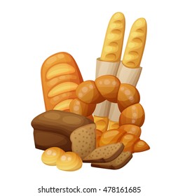 Bakery: bread, buns, croissant, loaf . Cartoon vector illustration isolated on white background