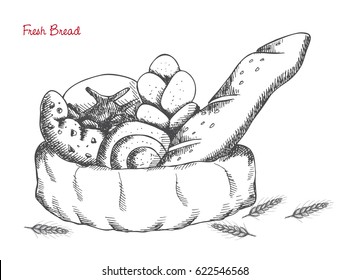 Bakery: bread, buns, croissant, loaf on white background