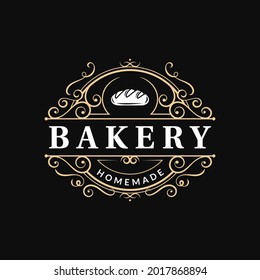 Bakery bread cafe vintage ornate elegant luxury typography logo with flourish swirl ornament