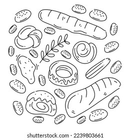 bakery bread and cake doodle art set bundle for food and drink resources with line style 